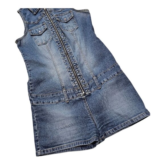 Vintage Y2K Denim Romper Medium Blue Drop Waist Belt Loops Snap Button Pockets - Picture 5 of 12